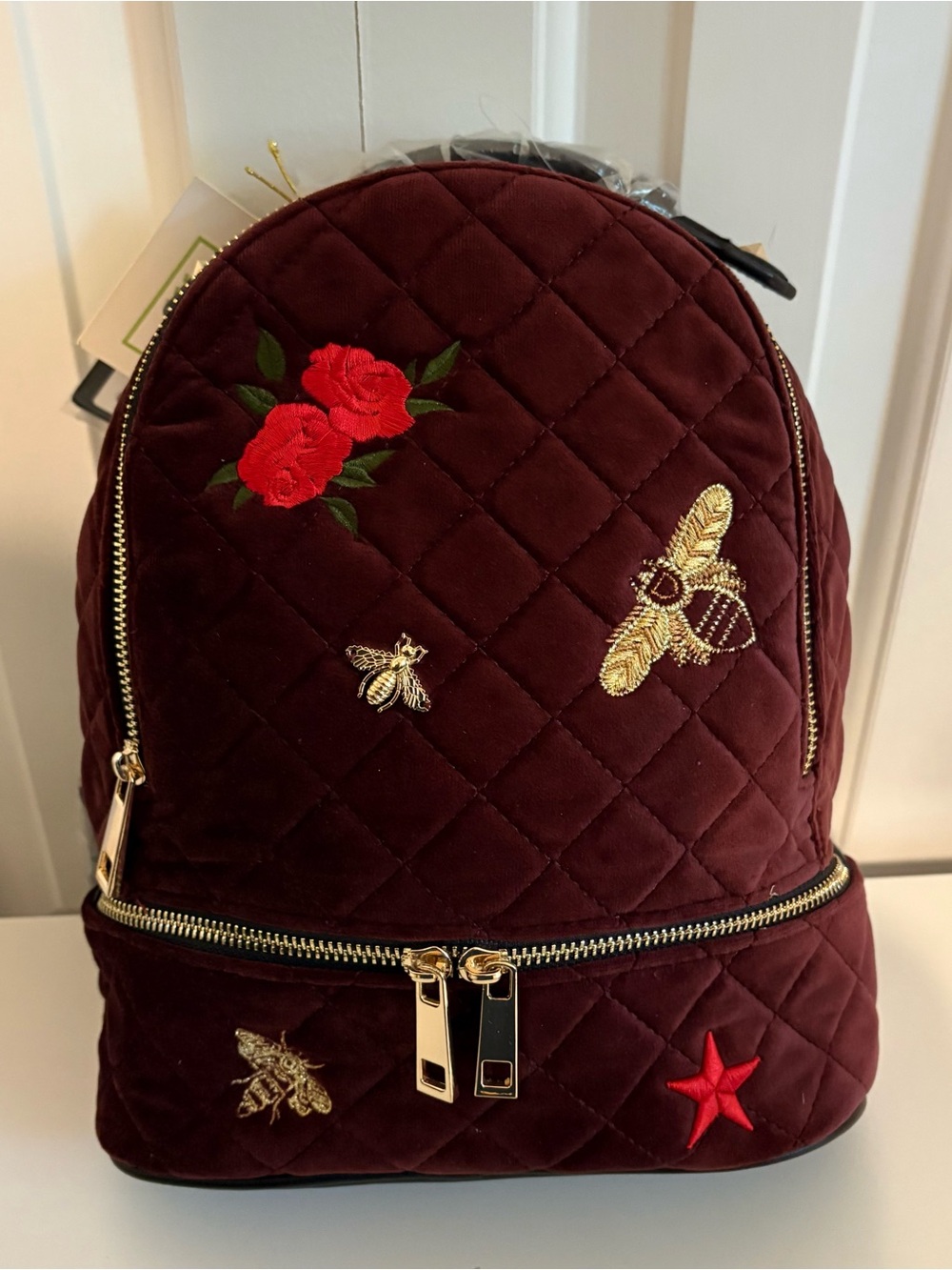 DREAM CONTROL Quilted Burgundy Velvet Texture Floral & Bee Accent Backpack